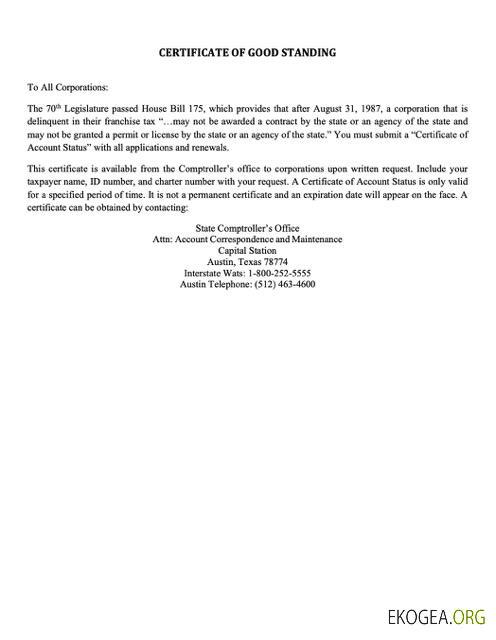 Modèle Word et PDF de certificat de bonne réputation des États Unis au Texas